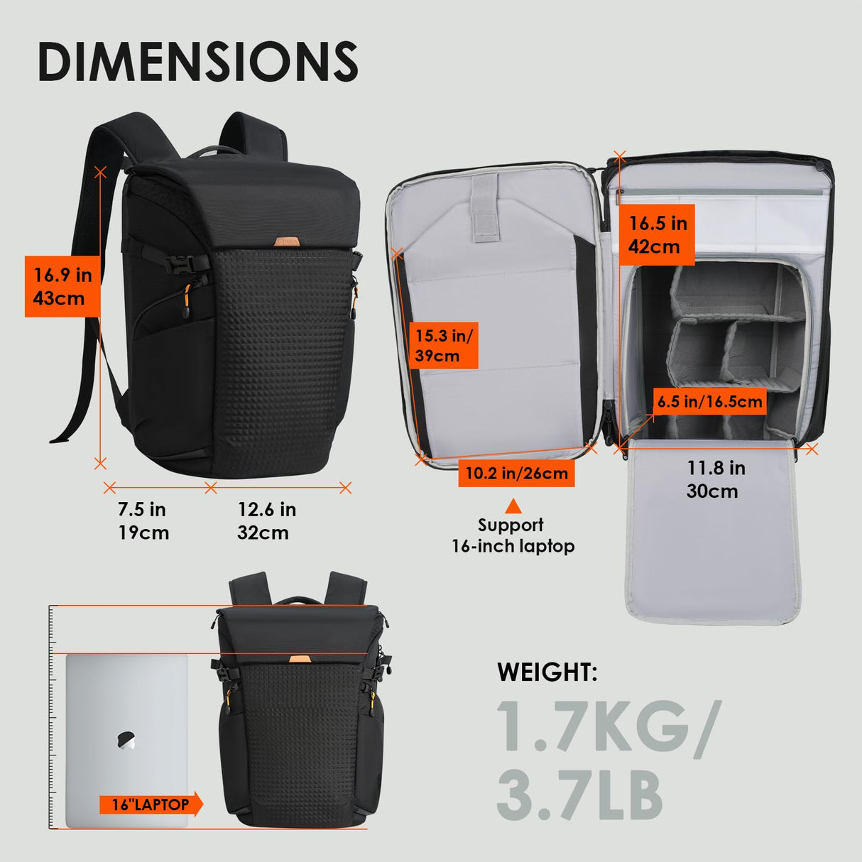 TARION Mochila Fotográfica Grande Profesional - Compartimento Portátil 16'' + Acceso Lateral/Trasero Rápido con Cubierta Impermeable y Cinturón Desmontable - Para Cámaras DSLR Thorner