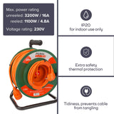 Perel Extensión electrónica sobre enrollamiento, uso interior, tierra alemana, protección térmica, 50 m, 3g1.5, naranja/verde