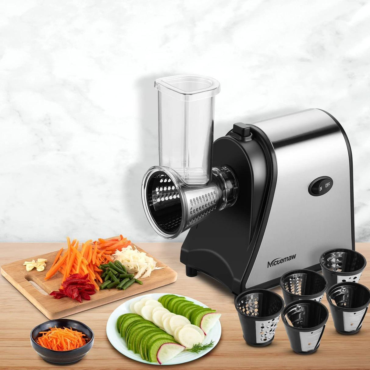 Meykey Cortador Eléctrico de Frutas y Verduras de Acero Inoxidable, 250 W, 5 Cuchillas Cónicas