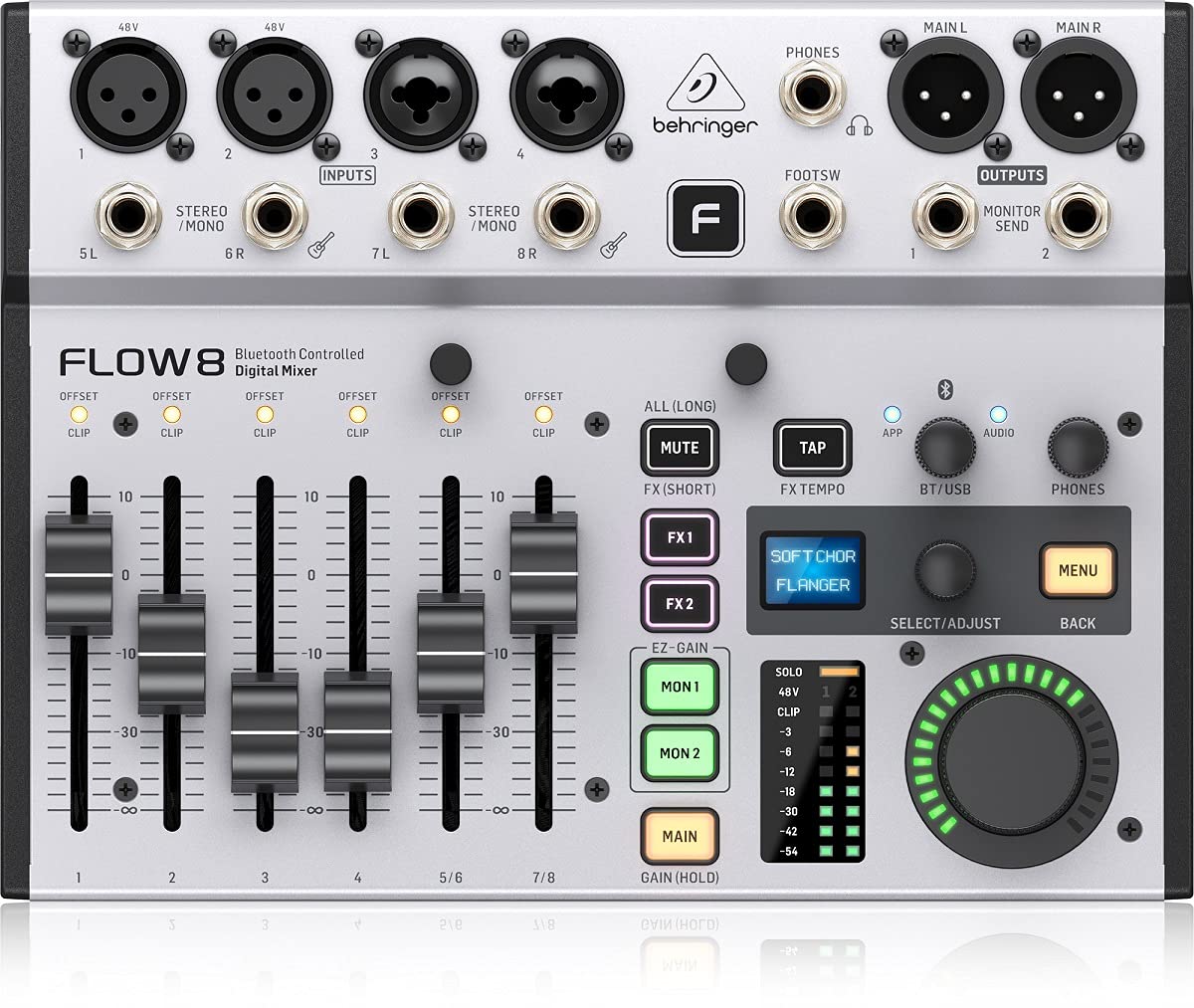 Behringer FLOW 8 Mezclador Digital De 8 Entradas Con Control De Audio Y De Aplicaciones Por Bluetooth, Faders De Canal De 60 Mm, 2 Procesadores De Efectos Y Una Interfaz USB/De Audio