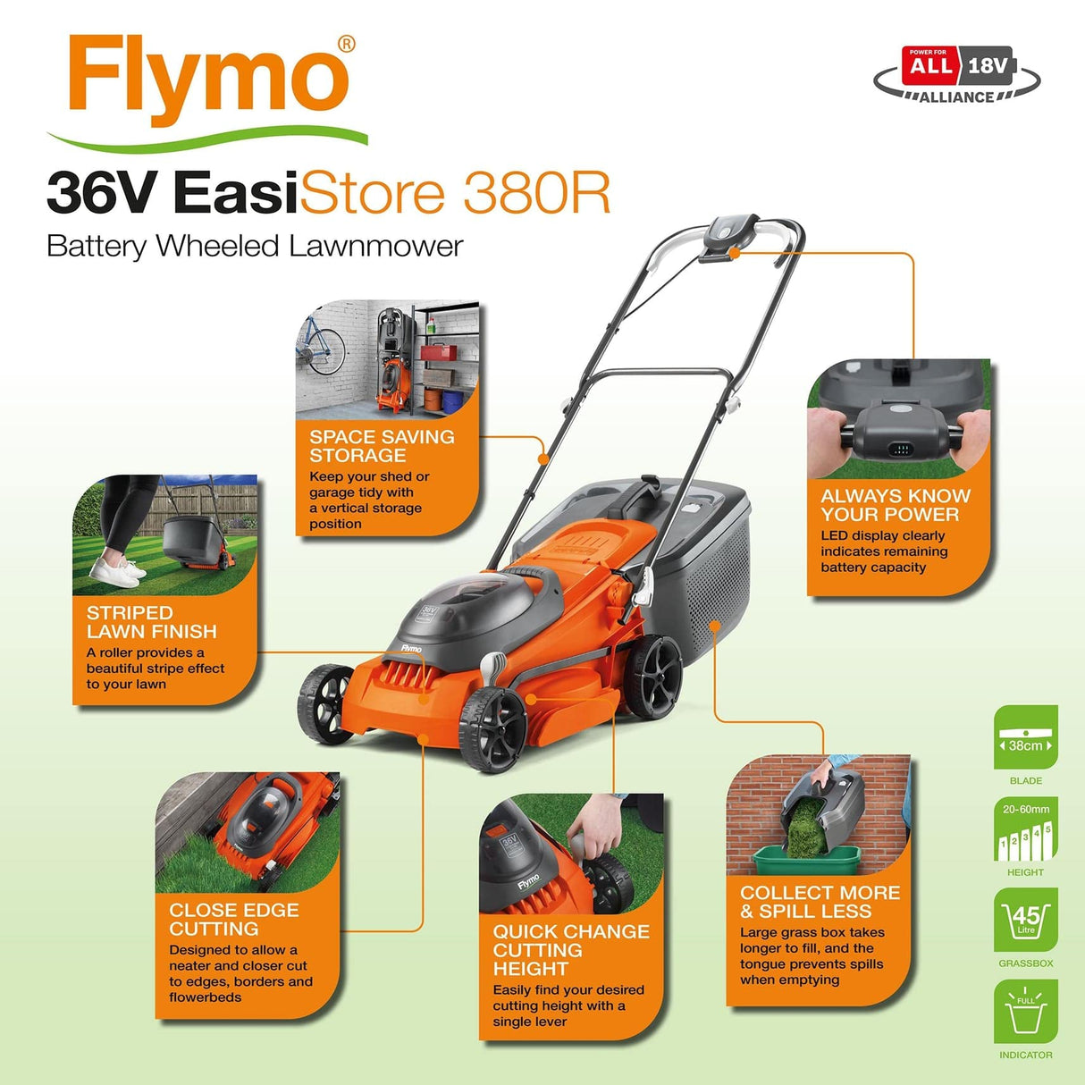 Flymo EasiStore 380R - Kit de cortacésped con batería Li, 36 V, 38 cm de Ancho de Corte, Corte de Borde cercano, Rodillo Trasero, 45 L, Power 4 All Battery Alliance, 970538501, Naranja y Gris