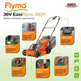 Flymo EasiStore 380R - Kit de cortacésped con batería Li, 36 V, 38 cm de Ancho de Corte, Corte de Borde cercano, Rodillo Trasero, 45 L, Power 4 All Battery Alliance, 970538501, Naranja y Gris