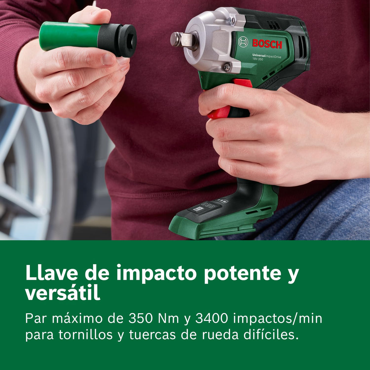 Bosch llave de impacto a batería UniversalImpactDrive 18V-350 (apriete potente y fijación en la obra; par de apriete máx.: 350 Nm; adaptador hexagonal; set de tuercas; sin batería)