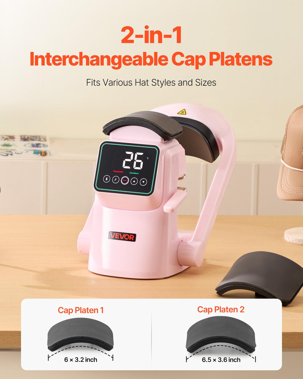 VEVOR Prensa Térmica Automática para Gorras con 2 Platinas Intercambiables Pantalla Táctil para un Control Preciso de Tiempo y Temperatura, Impresión por Transferencia Térmica para Sombreros, Rosa