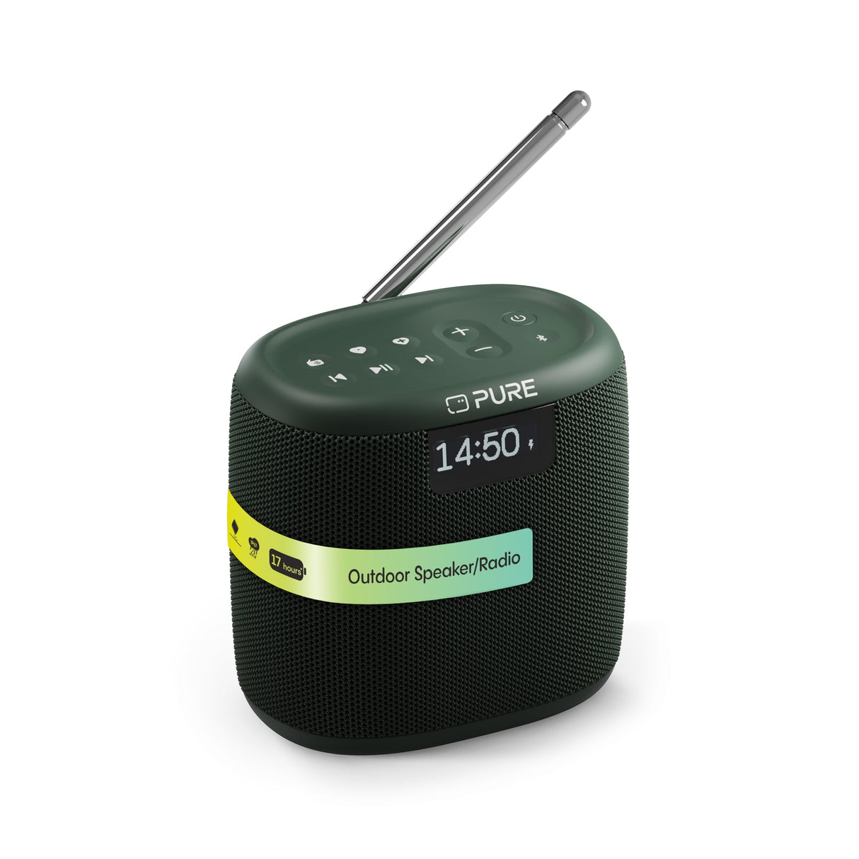 Pure Woodland Mini Altavoz para Exteriores con Bluetooth y Radio Dab+/FM (Resistente al Agua IP67, portátil, batería de 14h jardín y Camping) Negro