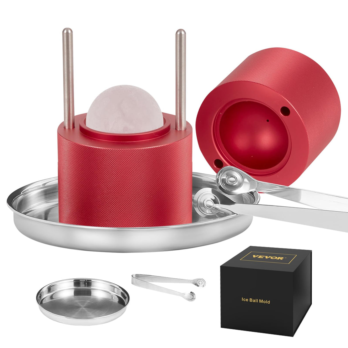 VEVOR Prensa para Bolas de Hielo 2,4" Kit de Aleación de Avión para Esferas de 60mm, Con Pinza y Bandeja de Goteo, para Whisky, Cocktail, Rojo