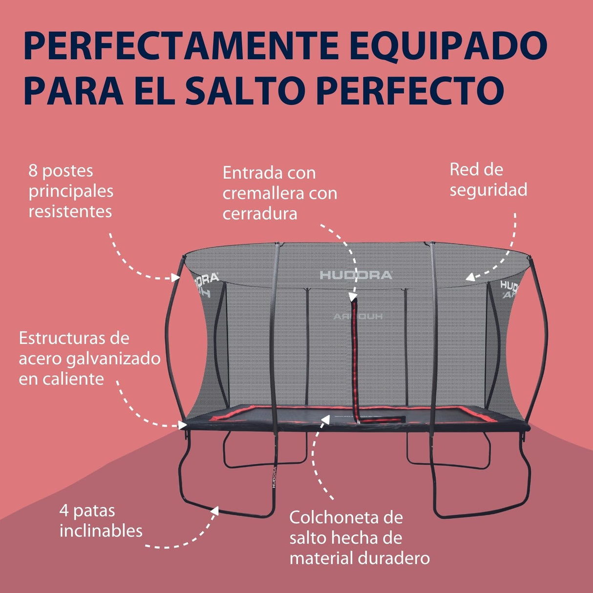 HUDORA Trampolin 4square - Trampolín rectangular al aire libre de 244x366/215x305 cm - Cama elástica deportiva rectangular para hasta 120 kg - Trampolín familiar con alta capacidad de salto