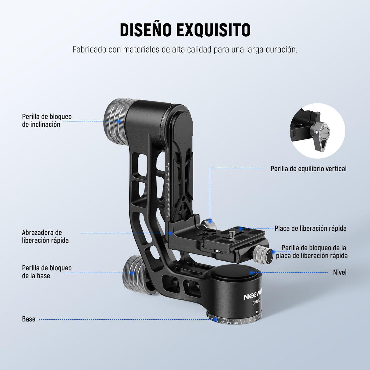 NEEWER GM102 Cabezal Gimbal para Trípode Monópode Teleobjetivos, 360° Cabezal Trípode Cámara Panorámica, Ajuste 3 Ejes, Aleación Aluminio CNC Resistente, Liberación Rápida Tipo Arca, Carga Máx 15kg