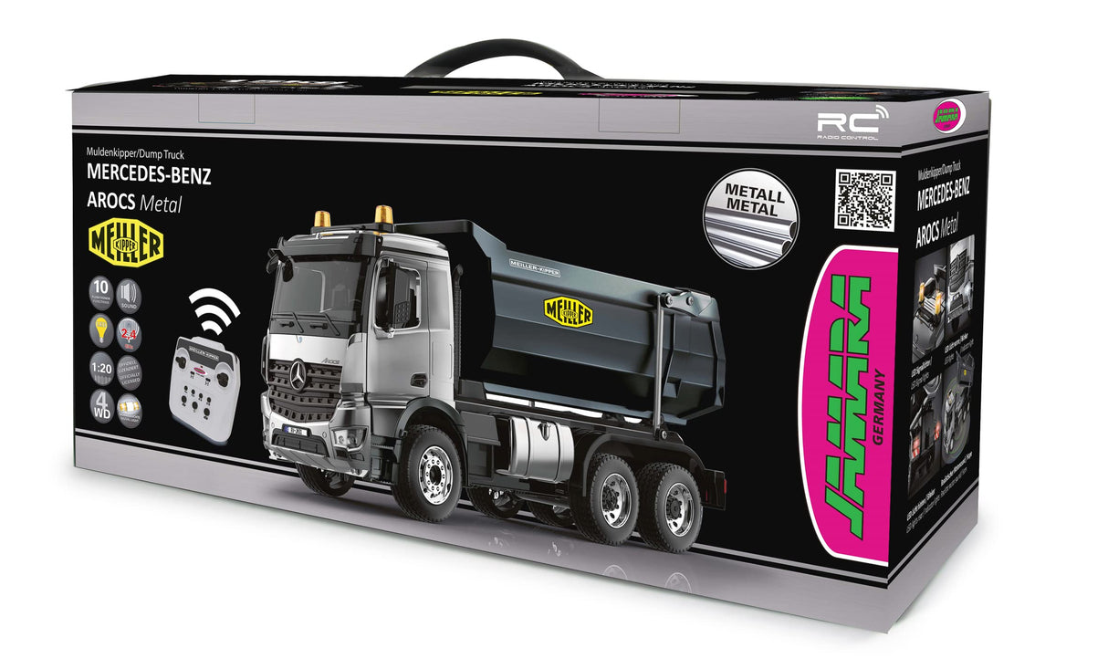 JAMARA Volquete Mercedes-Benz Arocs Metal Meiller 1:20 2,4 GHz, Capacidad de elevación de 15 kg, Engranaje de Metal, 4 Ruedas, suspensión de suspensión, neumáticos de Goma, luz LED