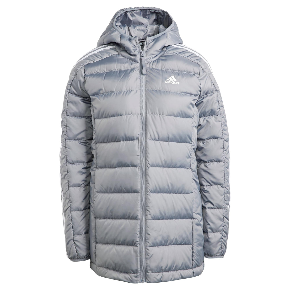adidas Mujer Essentials 3-Stripes Light Down Hooded Parka, Grey, S