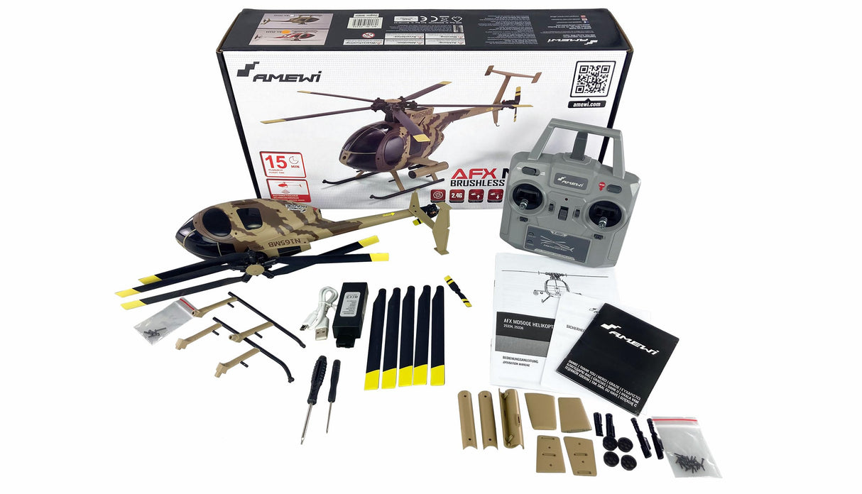 Amewi 25336 AFX MD500E - Helicóptero militar, sin escobillas, 4 canales, 325 mm, 6 G, RTF, color marrón