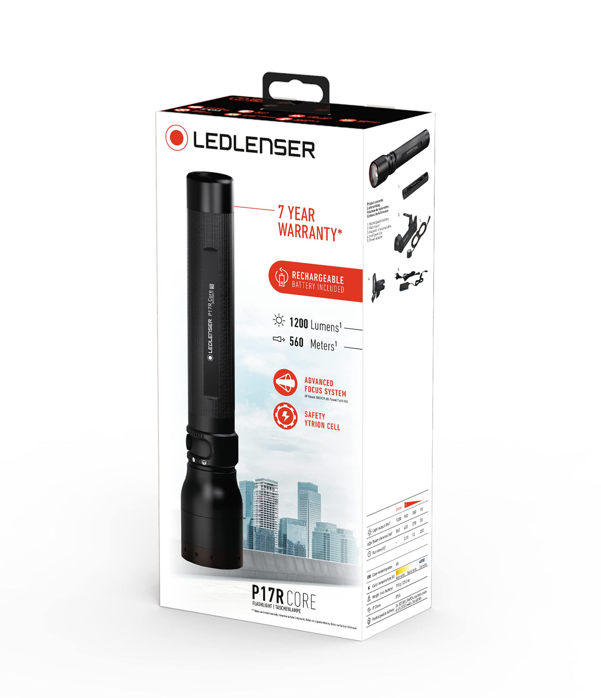 Ledlenser P17R Core | 2020 | Linterna LED Recargable, Brillante 1200lm, alcance de 560m, Linterna Robusta, SOS, Modo Estroboscópico, 200h de autonomía, Impermeable IP54, Seguridad, Senderismo, Camping