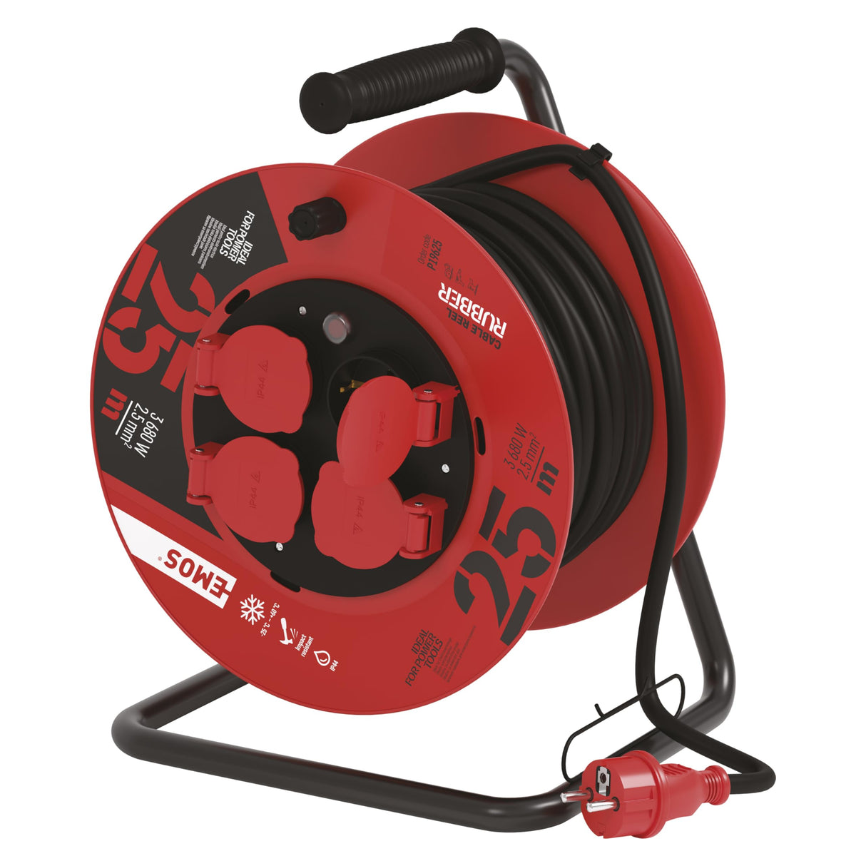 EMOS 1000116.30 Enrollacables Profesional alargador, 25m de Cable con 4 enchufes Schuko, 2,5 mm2 Goma, IP44, para Uso Exterior, Macho a hembra, negro/azul