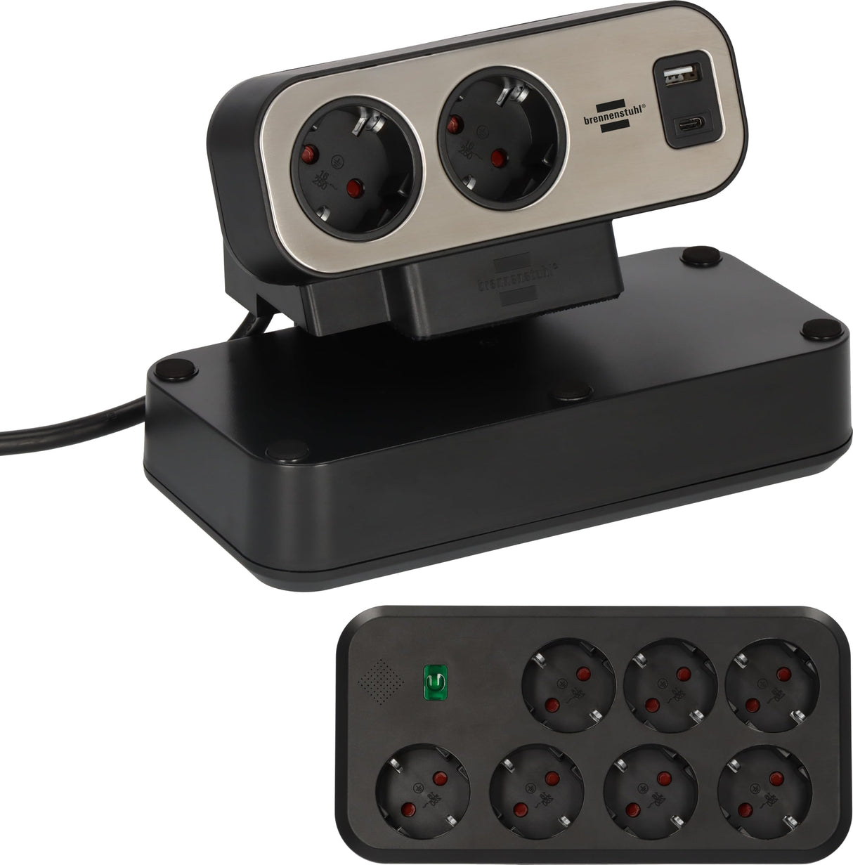 Brennenstuhl Regleta de sobremesa dúplex con Interruptor y protección contra sobretensiones (Regleta Enchufes con USB C Power Delivery, 1x USB C y 1x USB A, 9X enchufes, 2m) Plata/Negro