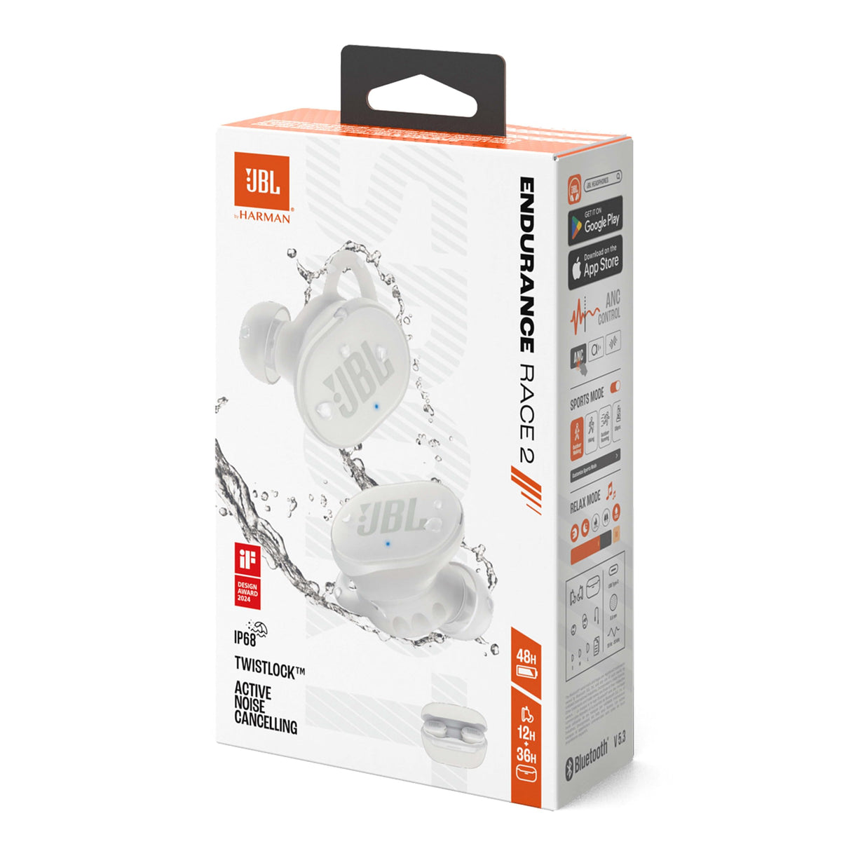 JBL Endurance Race 2, Earbuds True Wireless Bluetooth, 48 hrs de batería, Resistencia al Agua y al Polvo IP68, cancelación de Ruido, Sonido Pure Bass, Smart Ambient, Modos Deportivos, Blanco
