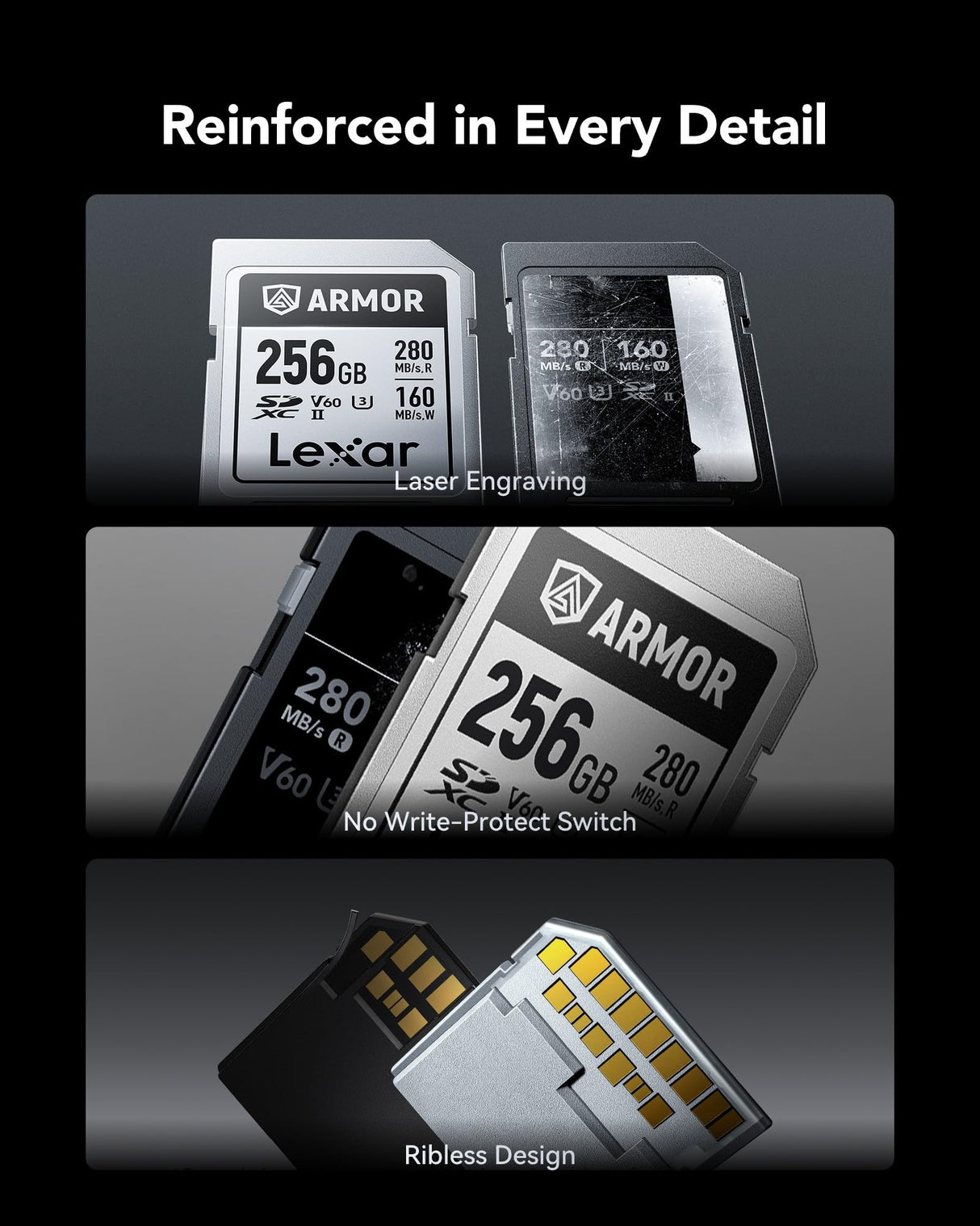 Lexar Armor Silver Pro Tarjeta SD 256 GB, Tarjeta de Memoria SD UHS-II, Acero Inoxidable, C10, U3, V60, vídeo 6K UHD, hasta 280 MB/s de Lectura, 160 MB/s de Escritura, Tarjeta SDXC para DSLR/cámaras