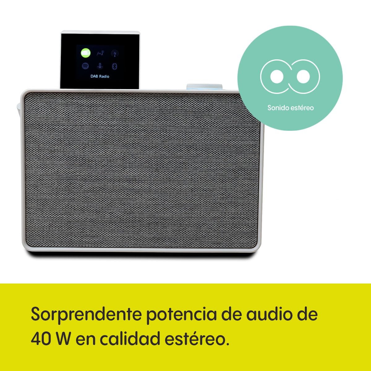 Pure Evoke Play Sistema de música versátil para Interiores y Exteriores (Radio Dab+ /FM, Radio por Internet, podcasts, Spotify Connect, Bluetooth en un Rico Sonido estéreo de 40W), Blanco algodón