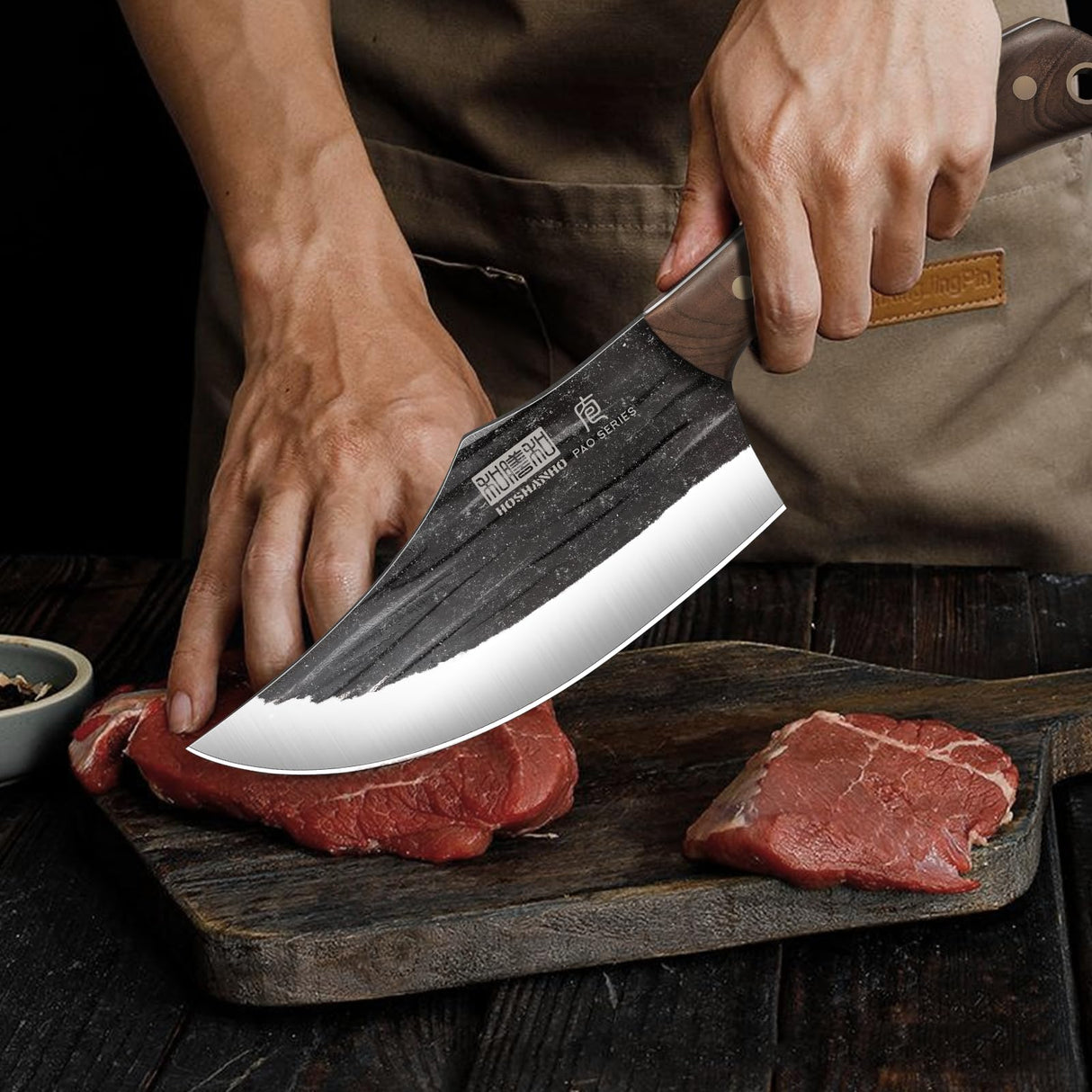 HOSHANHO Juego de Cuchillo de Carnicero, Forjado a Mano, Con Bolsa Enrollable Afilado Cuchillo de Carne, Cuchillo de Hueso y Cuchillo Deshuesador, Ideal Para el Hogar, Camping y BBQ