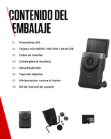 Canon Powershot V10 Starter Kit + Accesorios + Memoria 64GB, Cámara Vlogging y Streaming, Sensor 1" 20,9 MP, Vídeo 4K, Objetivo 19mm, WiFi, Bluetooth y USB-C, Pantalla Táctil Ángulo Variable, Silver