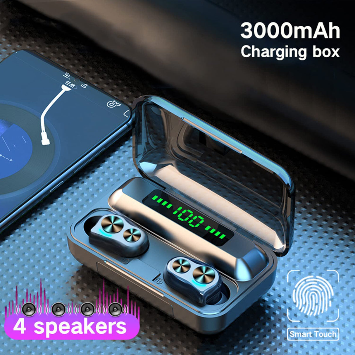 Jmamba Auriculares inalámbricos Bluetooth Sonido, IPX7 Impermeables con micrófono, Control táctil, Pantalla de alimentación LED, Funda de Carga