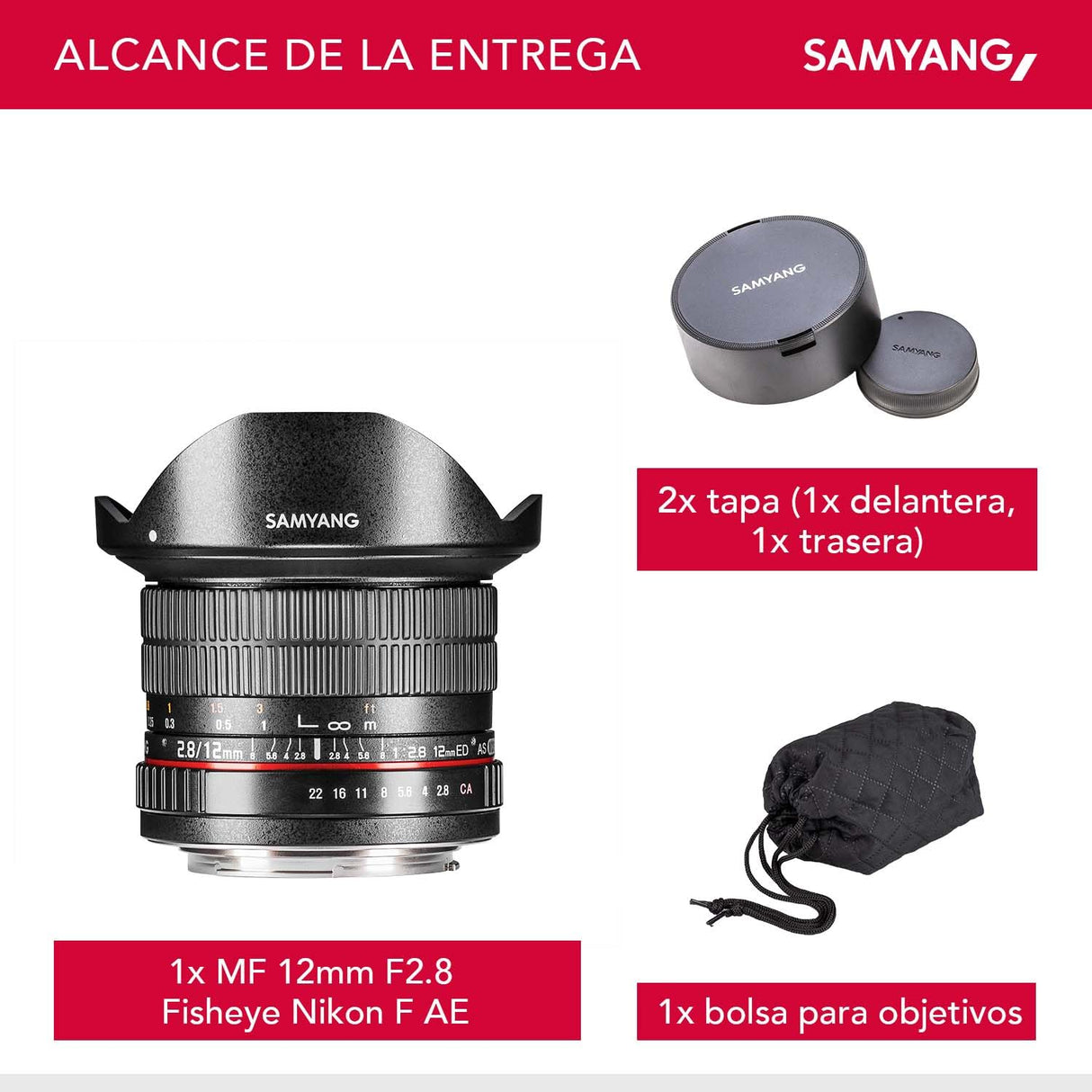 Samyang F1112103101 - Objetivo fotográfico DSLR para Nikon F Ae (Distancia Focal Fija 12mm, Apertura f/2.8-22 ED AS NCS, Ojo de Pez), Negro