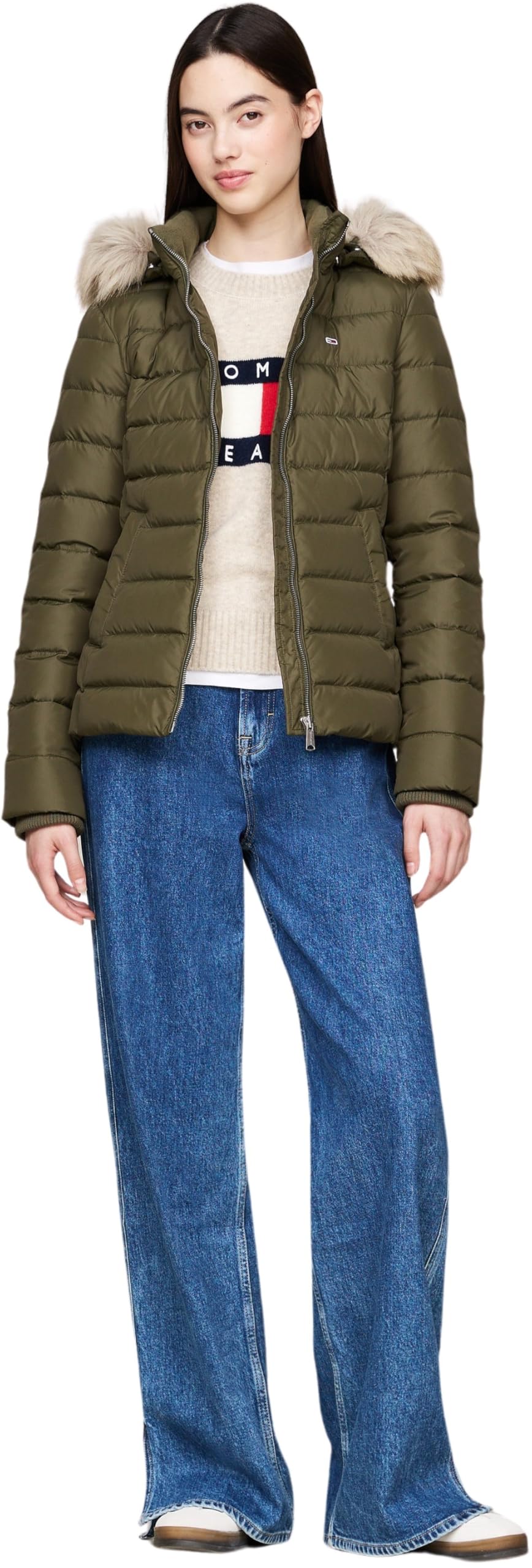 Tommy Jeans Cazadora Acolchada Mujer Basic Hooded Down Jacket con Capucha, Verde (Fatigue Green), XS