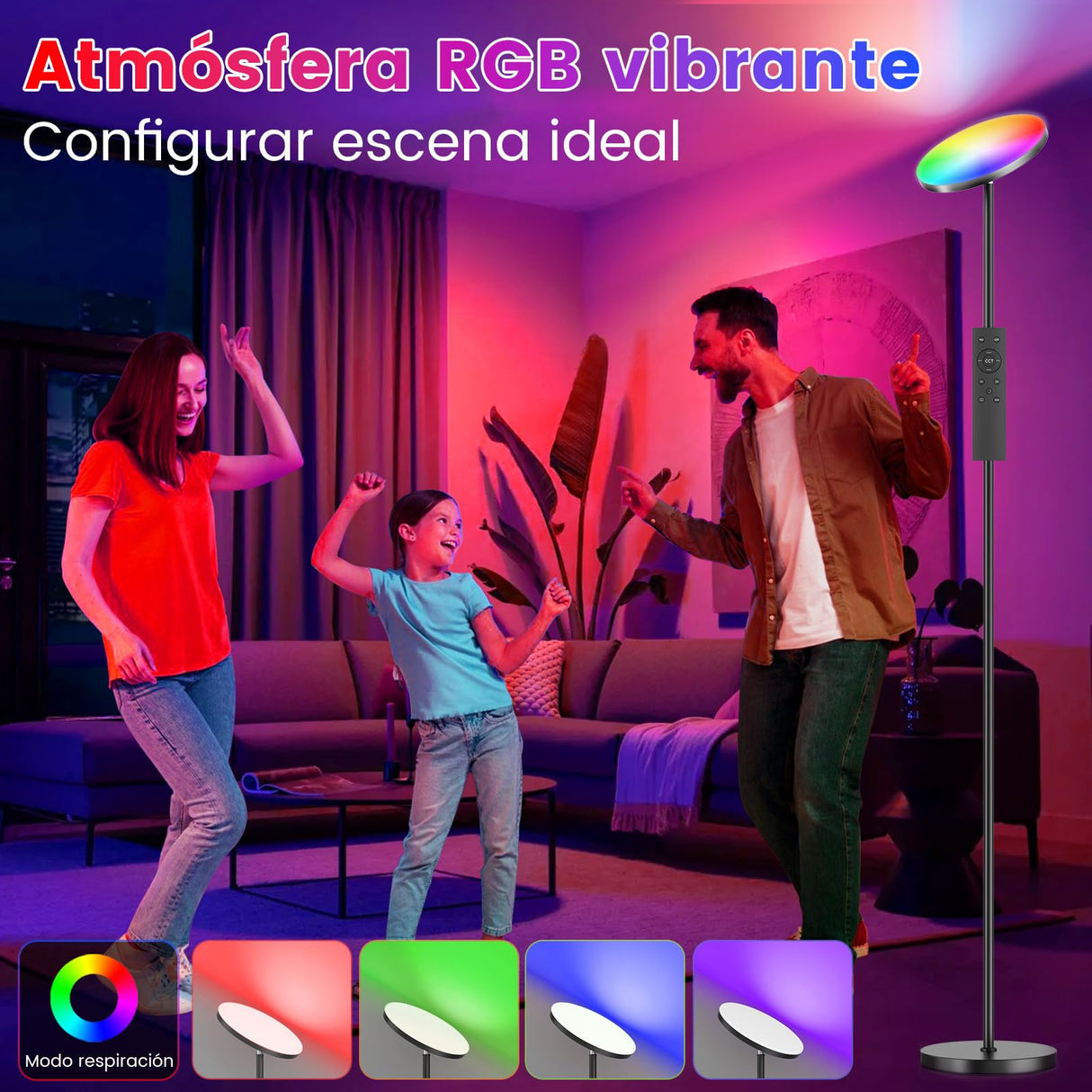 YICAIZI Lámpara de Pie LED Regulable de 42W, Lamparas de Pie Para Salon Superbrillante de 4000 LM Para Sala de Estar Con Luz de Lectura, Ajuste de temperatura de color y brillo (36W RGB)