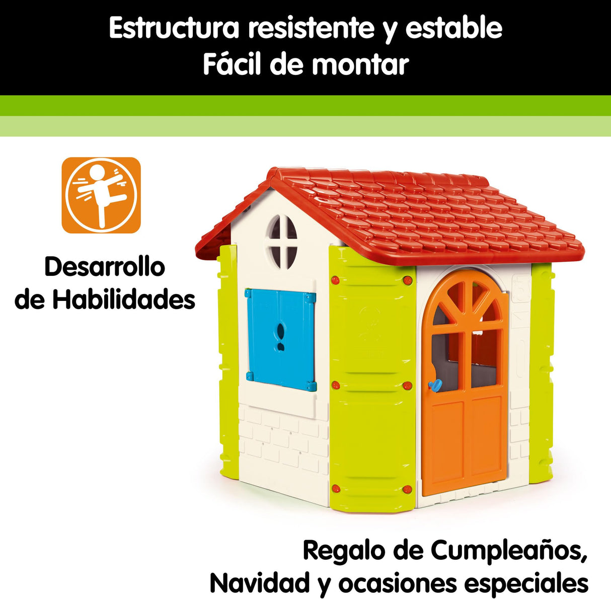 FEBER - Feber-House, Casa de Jardín para Niños, Colores Cálidos Azul, Rojo, Naranja y Verde, Resistente y Segura, Casita Infantil para Juegos de Exterior, 2 a 6 años, Famosa(800013950), Versión actual
