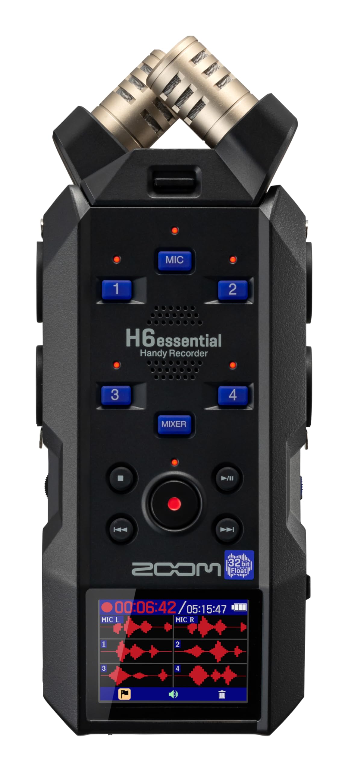 Zoom H6essential (2024 Model, Essential Series) a 32-Bit con coma flotante, accesibilidad, 6 pistas, micros estéreo, 4 entradas XLR/TRS, interface de audio, para músicos, podcasters y cineastas
