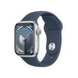 Apple Watch Series 9 [GPS] Smartwatch con Caja de Aluminio en Plata de 41 mm y Correa Deportiva Azul tempestad - Talla S/M. Monitor de entreno, App Oxígeno en Sangre, Resistencia al Agua