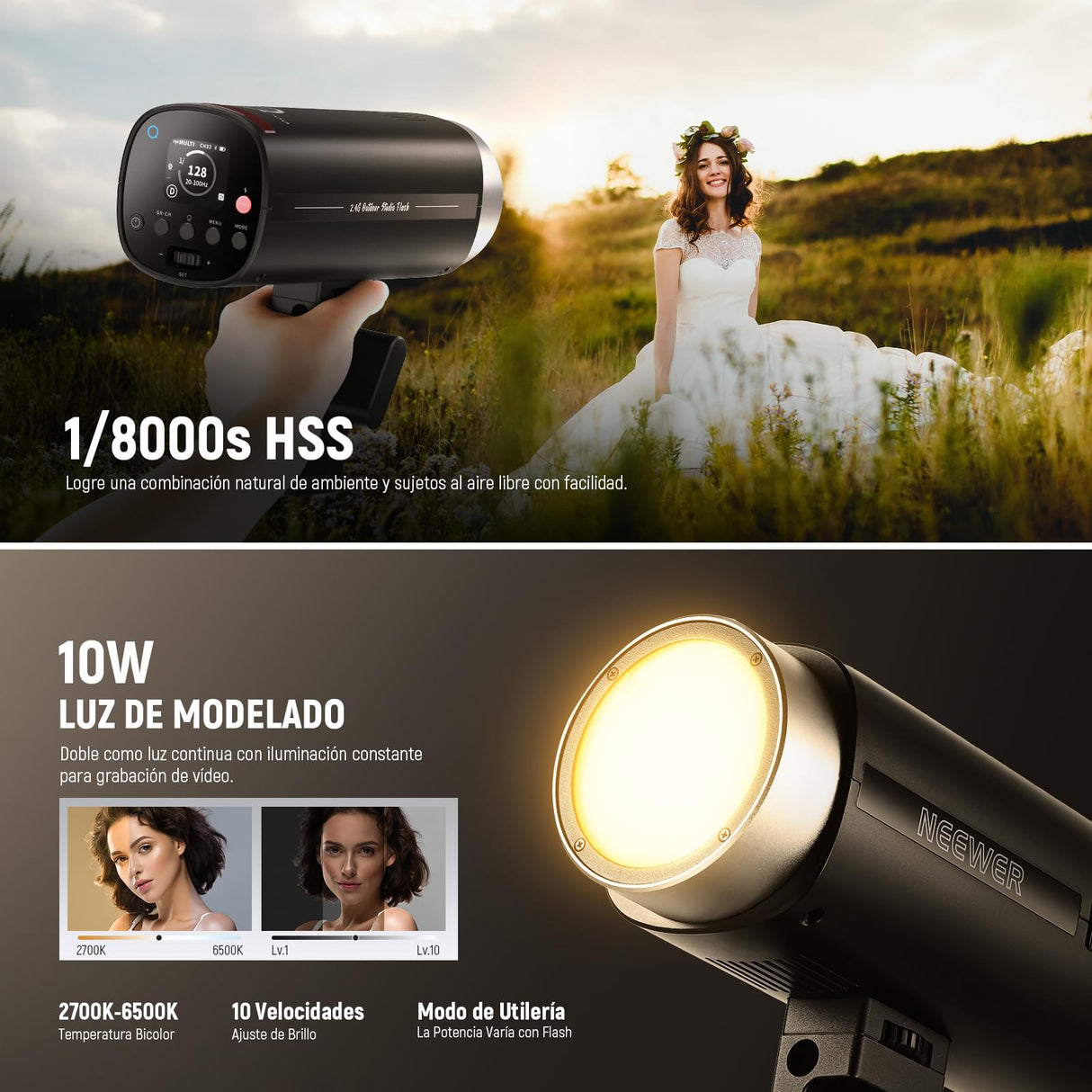 NEEWER Q200 200Ws 2.4G TTL Flash Strobe Estudio para Exteriores con APP Control, 1/8000 HSS, 3200mAh Fotografía con Batería Monolight Speedlite Lámpara Modelar 10W/Flash 750/Reciclaje de 0.01~1.5s