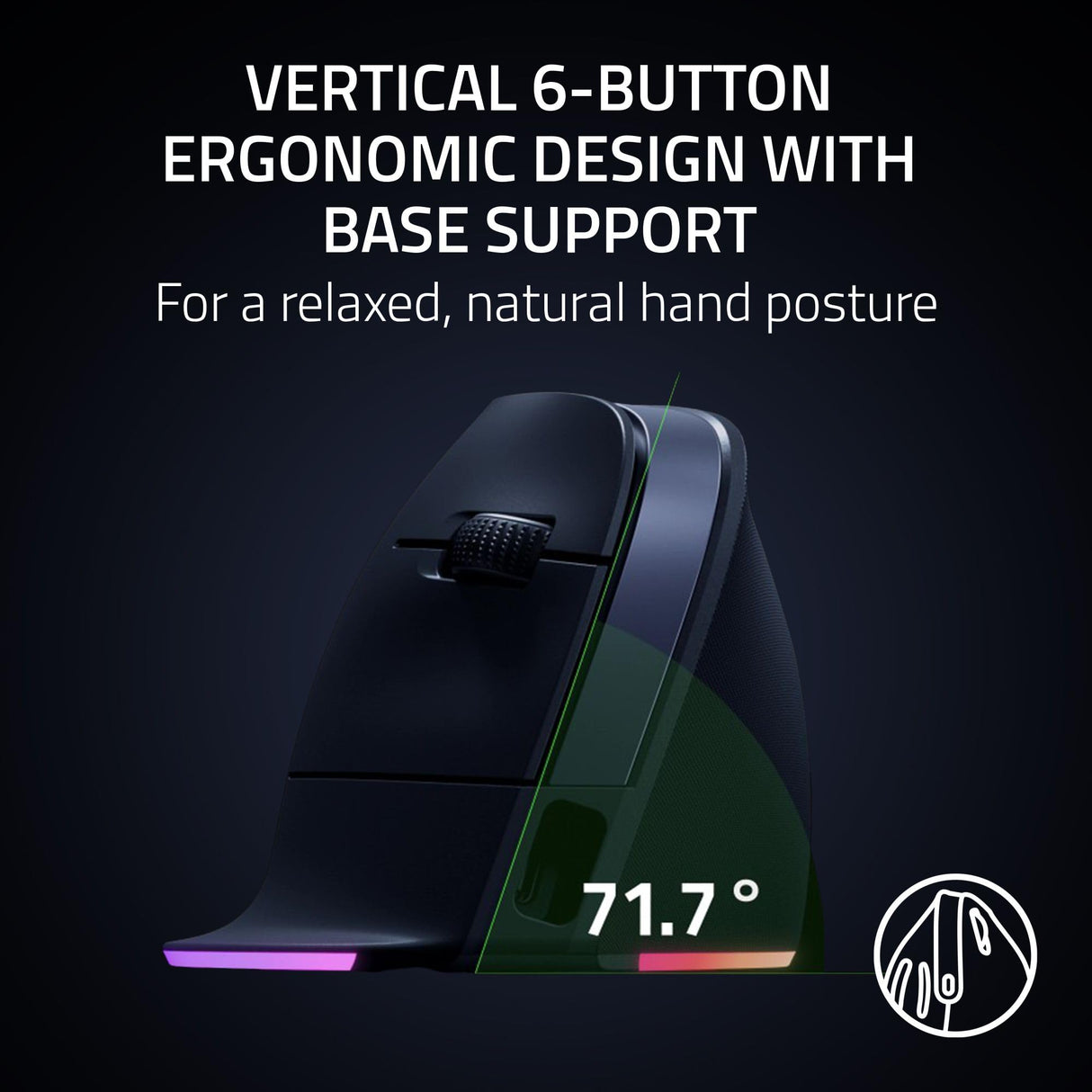 Razer Pro Click V2 Vertical - Ratón inalámbrico ergonómico Vertical para usuarios diestros - Asistencia IA Prompt - Sensor óptico 30K - Windows & Mac (hasta 6 Meses batería, Chroma RGB) Negro