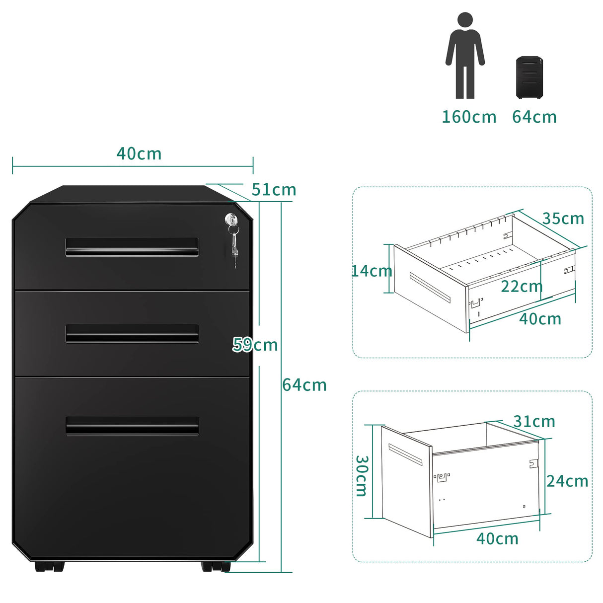 YITAHOME Armario Archivador con 3 Cajones, Cajonera de Oficina Móvil con Ruedas, Metalico Mueble Oficina Archivador con Cerradura y Llave para Carta/A4, Negro, 51 x 40 x 64cm