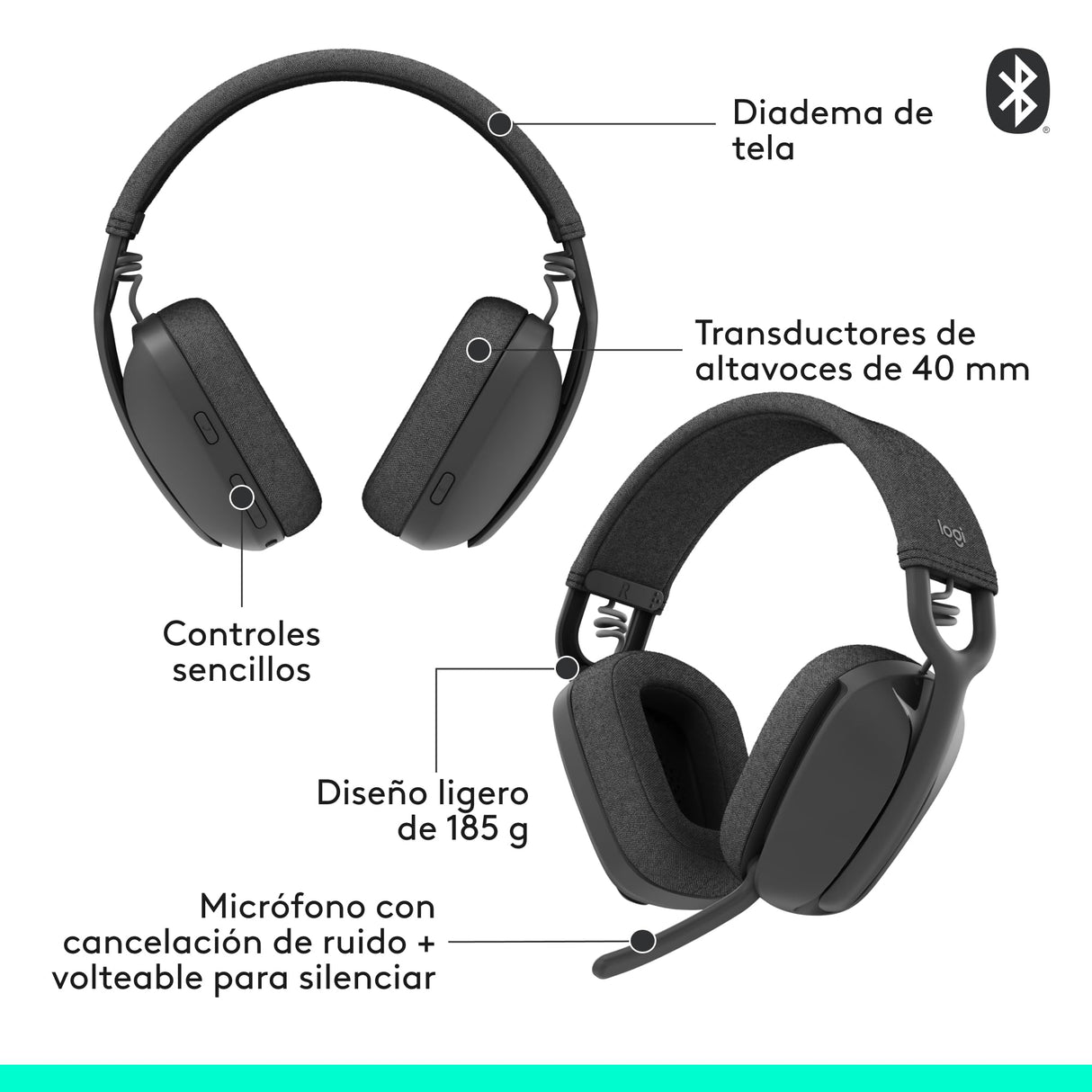 Logitech Zone Vibe 100 Auriculares inalámbricos ligeros, Micrófono con cancelación de ruido, Bluetooth multidispostivivo avanzado, Funcionan con Teams, Google Meet, Zoom, Mac/PC - Gris