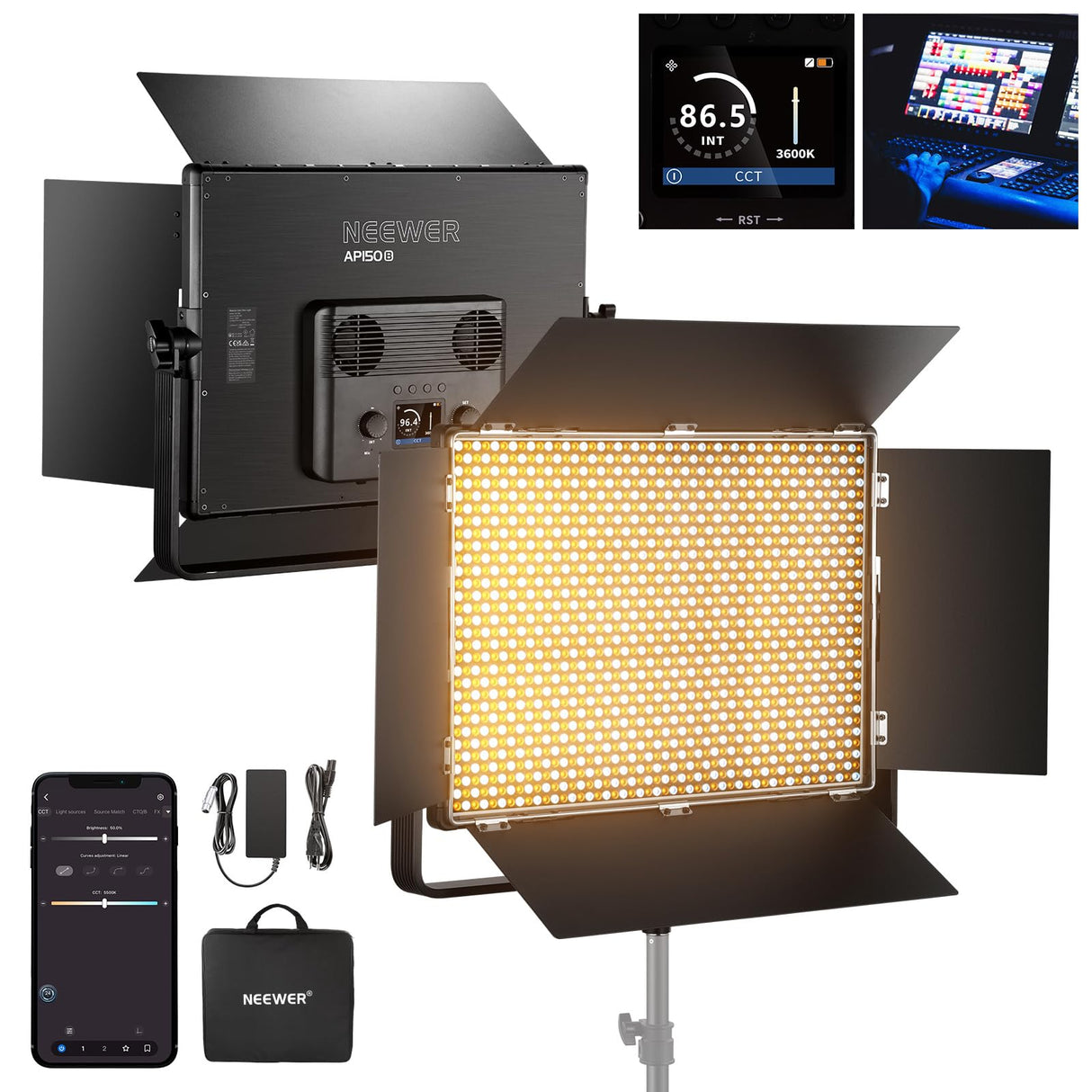 NEEWER 150W Bicolor LED Panel Luz Video Kit, 1440 Leds 49500Lux@0.5m 2500K-8500K CRI96+/TLCI97+ 0-100% Atenuación App/2.4G/Panel/Control DMX para Pro Estudio Foto Grabación Iluminación, AP150B