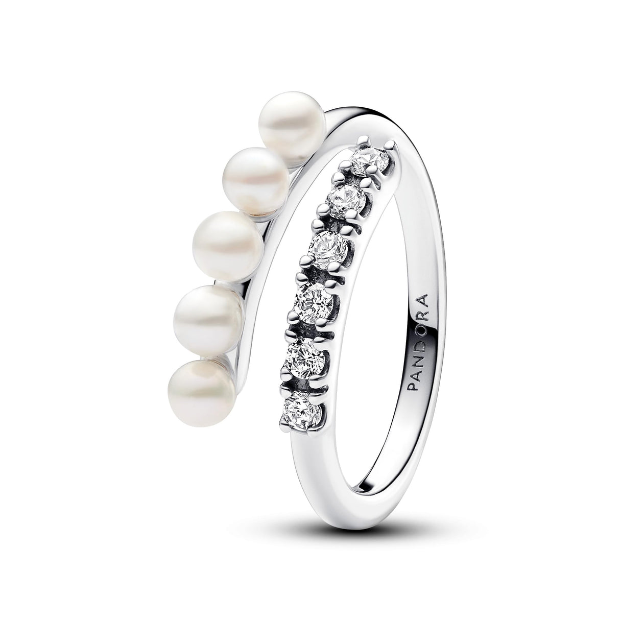 Pandora Timeless Anillo abierto de plata de ley con perla blanca cultivada de agua dulce tratada y circonita cúbica transparente, talla 52