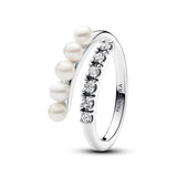 Pandora Timeless Anillo abierto de plata de ley con perla blanca cultivada de agua dulce tratada y circonita cúbica transparente, talla 52