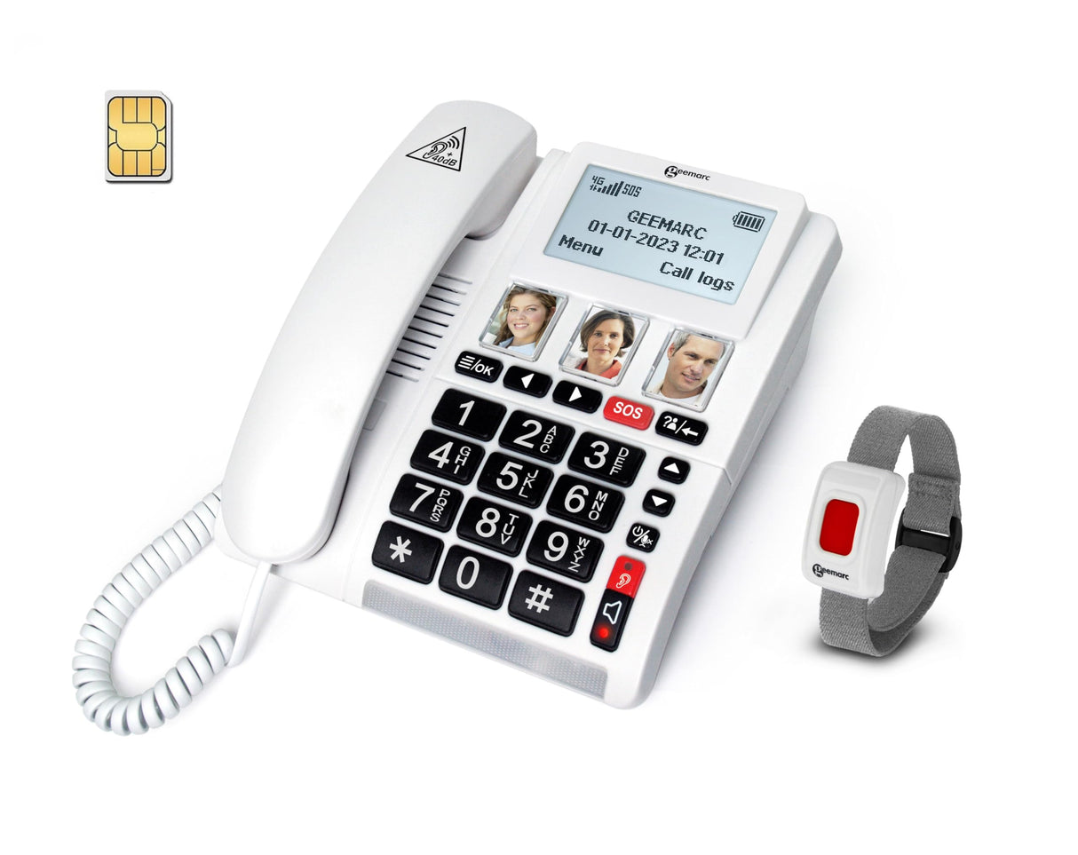 Geemarc CL9000 - Teléfono de Emergencia para el Hogar y su Pulsera SOS Impermeable con Botones Grandes, Volumen Amplificado y Pantalla Retroiluminada - Funciona Sólo con Tarjeta SIM