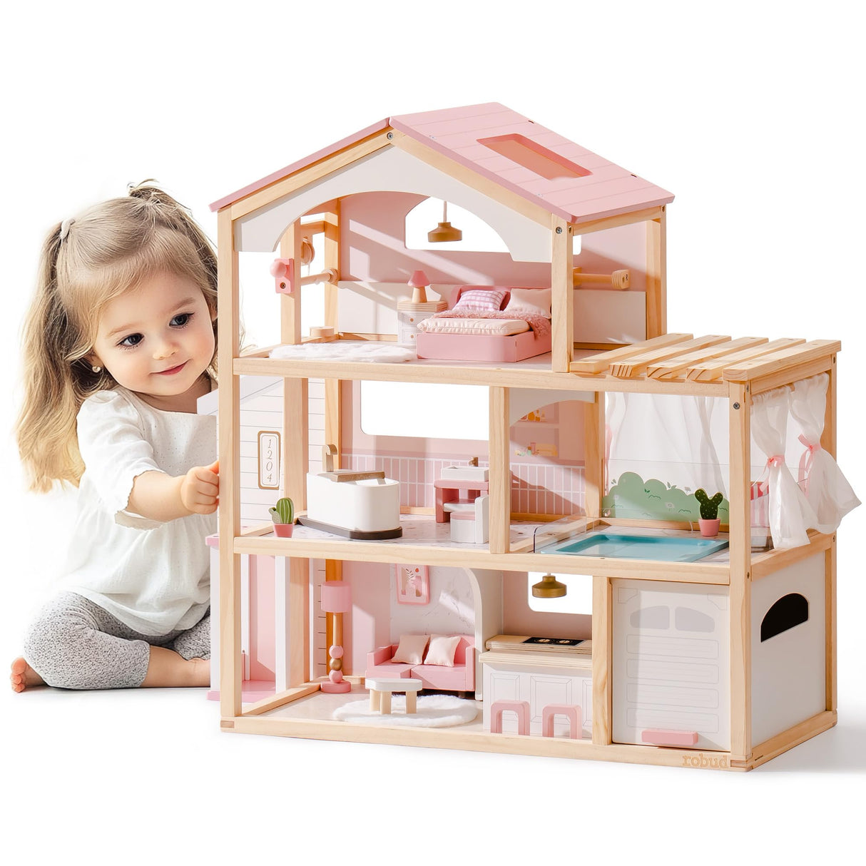 ROBUD Casa de muñecas de Madera,Villa de muñecas con Muebles,con Ascensor, Garaje, cenador y Piscina,Regalo para niños a Partir de 3, 4, 5, 6 años y Mayores,Rosa