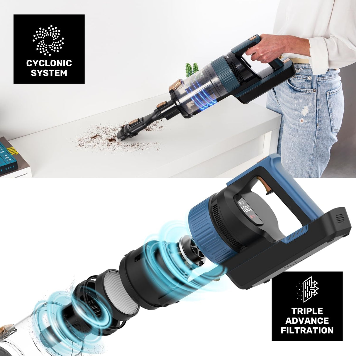 Taurus - Aspirador Escoba Homeland Ultimate 150W | 21.000Pa | Triple Advanced Filtration | Cepillos All Road y Fuzzy | Iluminación Optic LED | Batería Extraíble Litio 29.6V | Pantalla Digital
