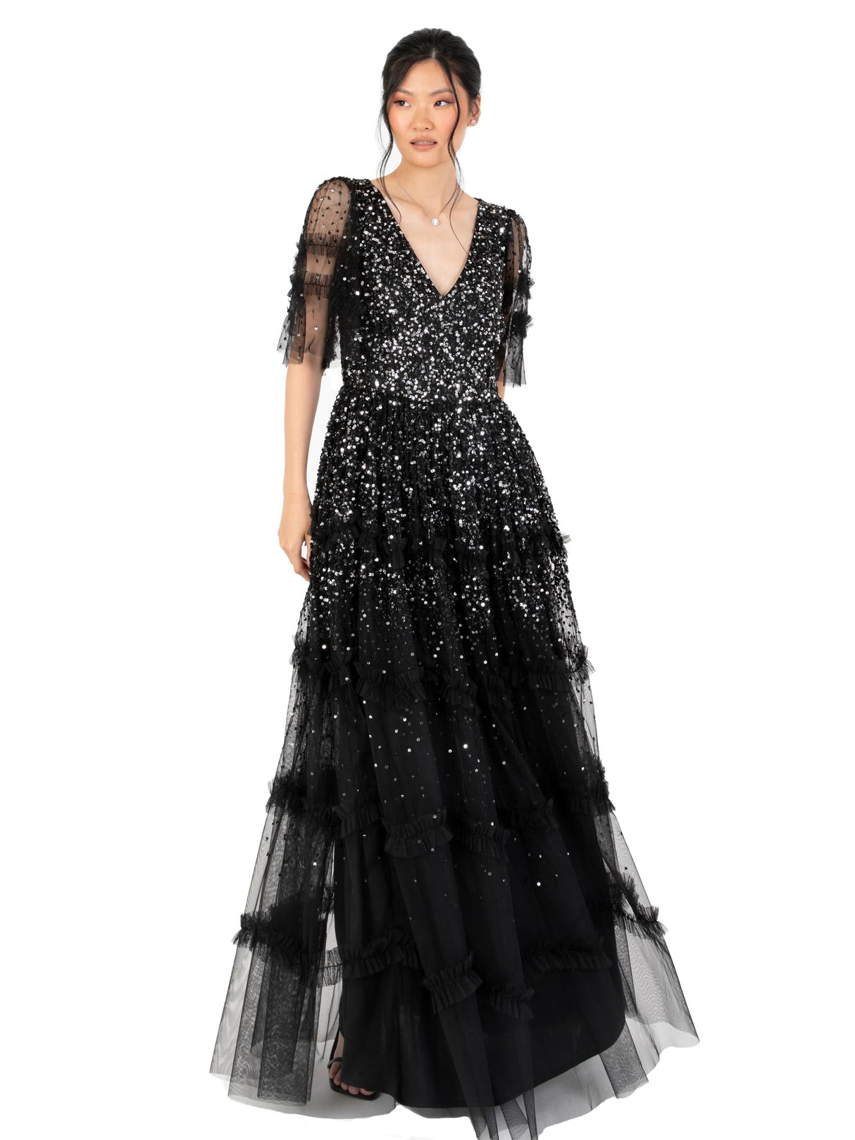 Maya Deluxe Women's Maxi Dress Ladies V-Neck Sequin Embellished Ruffle Detail for Wedding Guest Bridesmaid Prom Occasion Ball Gown Vestidos, Negro, 46 para Mujer