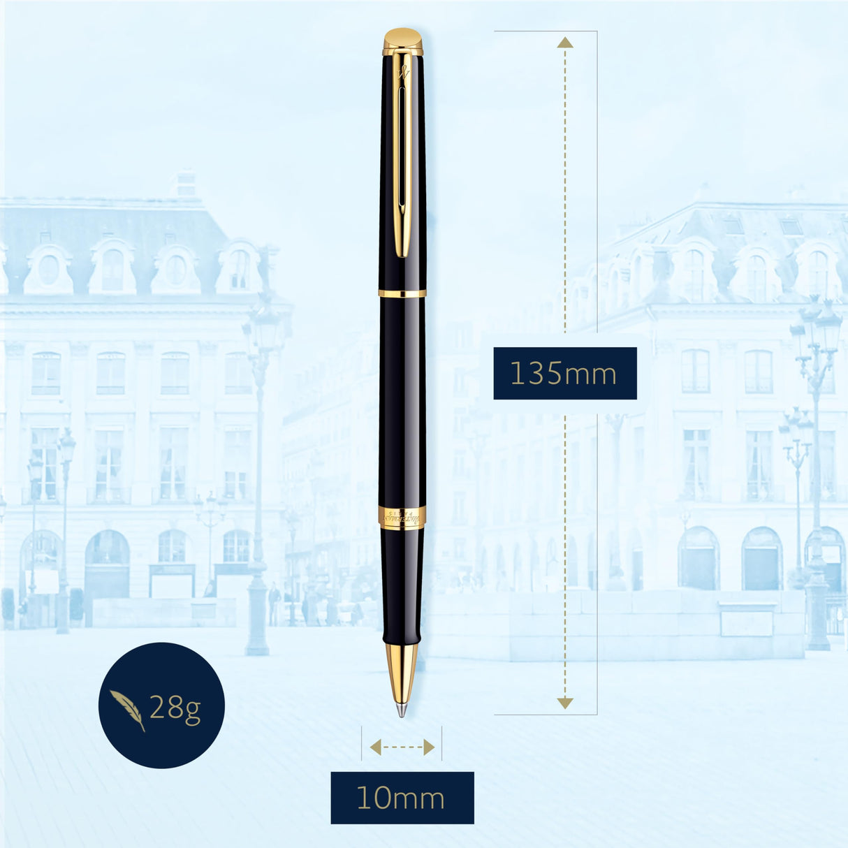 Waterman Hémisphère rotulador roller | color negro brillante con adorno de oro de 23 quilates | punta fina con cartucho de tinta negra | estuche de regalo