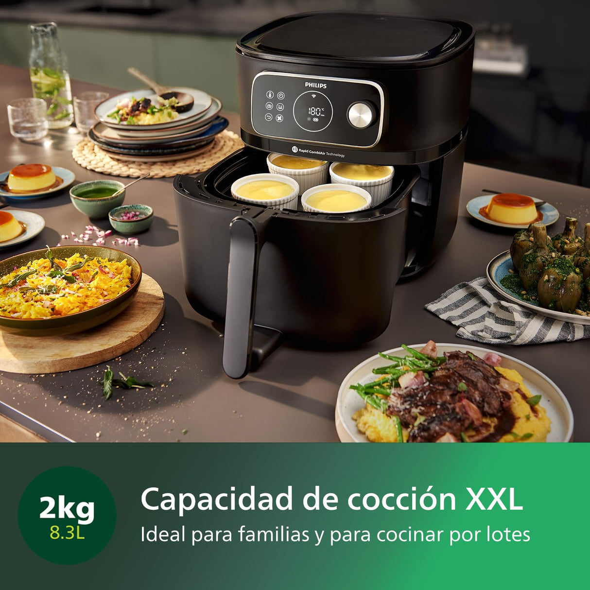 Philips Airfryer Combi Serie 7000 XXL - 8,3 L (2 kg), 22 en 1 Airfryer, Conexión WiFi, 99% menos grasa Añadida** con Rapid CombiAir, Aplicación HomeID, Negro (HD9876/90)