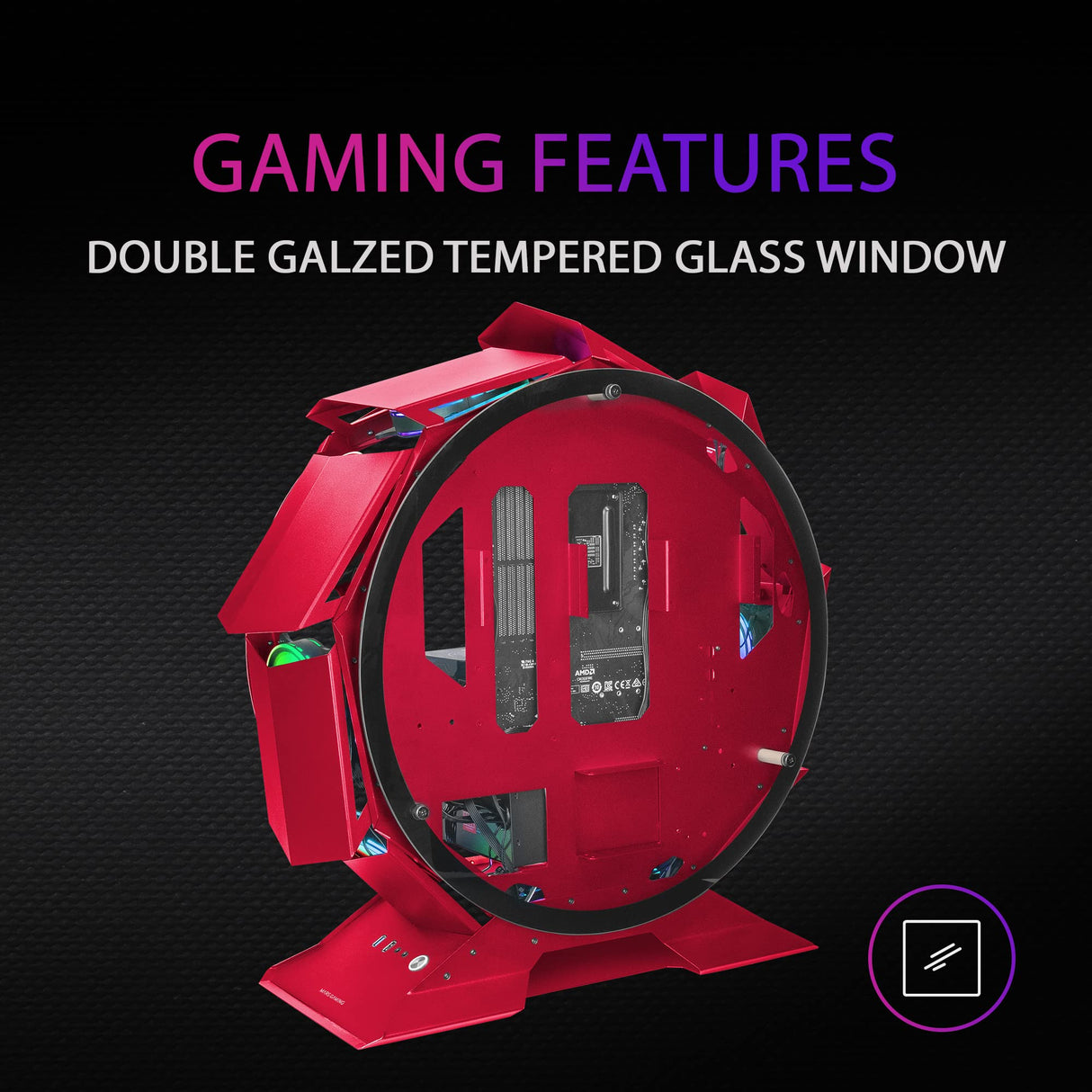 Mars Gaming MCORB, Caja de Ordenador Gaming Micro-ATX XL, Diseño Circular Custom, Doble Cristal Templado, Chasis PC, Rojo