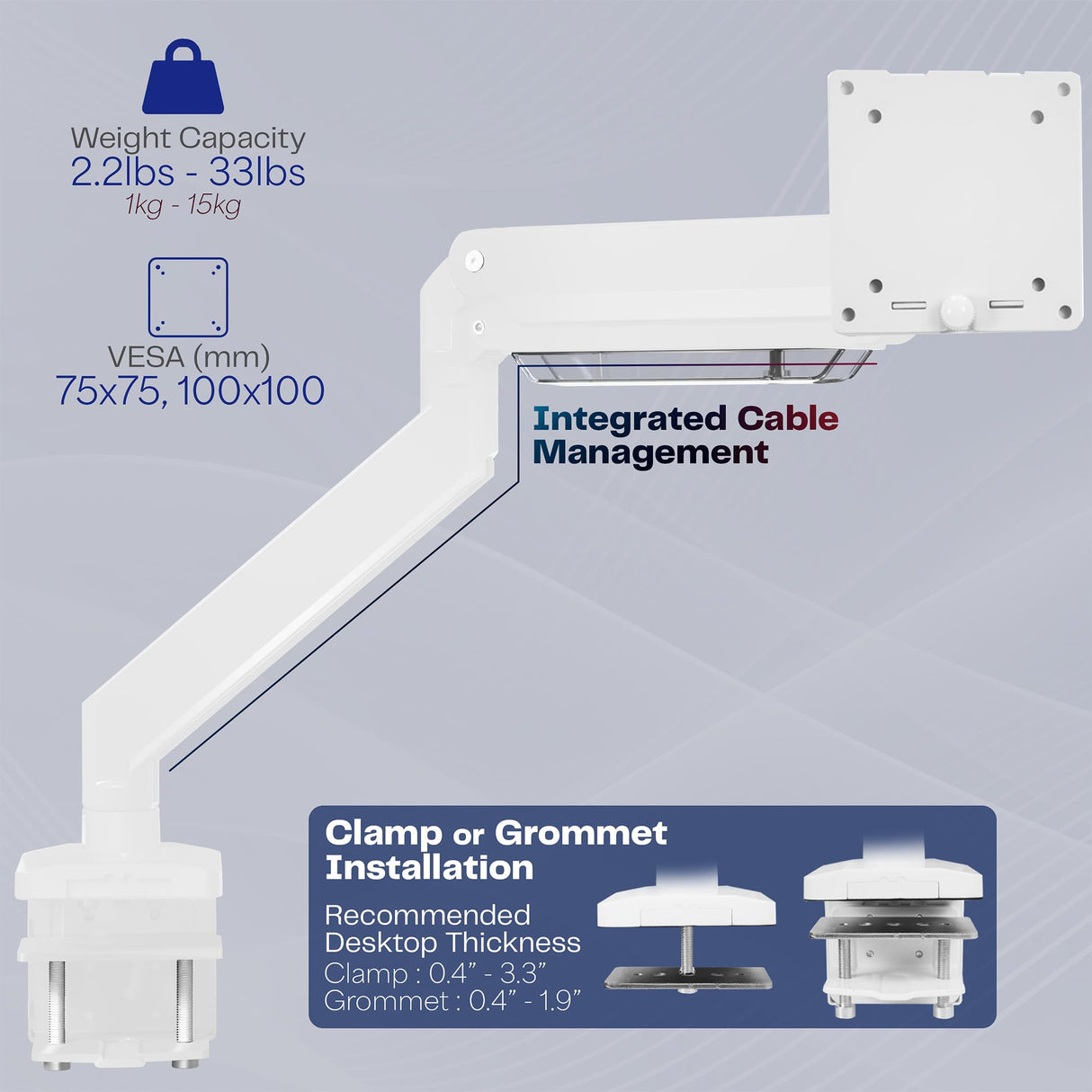 Vivo Brazo de Monitor de Aluminio monitores ultraanchos de hasta 49 Pulgadas y 33 Libras, Soporte de Montaje de Escritorio único, Altura neumática, VESA máxima 100 x 100, Blanco,