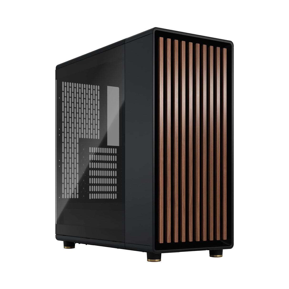 Fractal Design North Charcoal Black Tempered Glass Dark - Frente de Madera de Nogal - Panel Lateral de Vidrio - Incluye Dos Ventiladores Aspect PWM de 140 mm - Puerto USB Tipo C