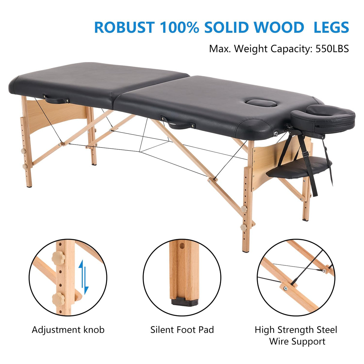 YOUNIKE Camilla Masaje Negro Plegable 2 Zonas Profesional Portátil Carga 250kg 186×70cm Altura Ajustable de Madera Haya para Belleza Tatuaje SPA con Bolsa de Transporte