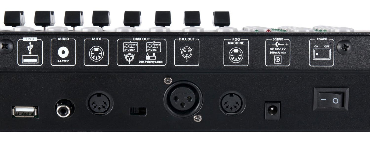 Controlador DMX Showlite Master Pro 192 canales, control profesional de iluminación, conexión USB para datos, hasta 240 memorias de escenas, entrada MIDI estándar de 5 pines.