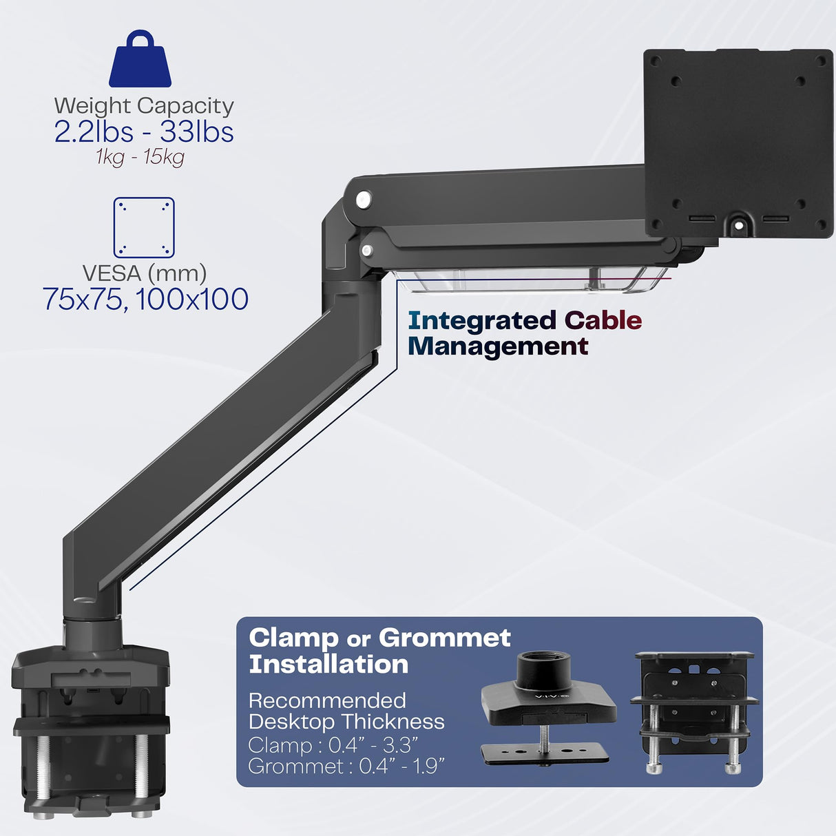 VIVO Brazo de Monitor de Aluminio monitores ultraanchos de hasta 49 Pulgadas y 33 Libras, Soporte de Montaje de Escritorio único, Altura neumática, VESA máxima 100 x 100, Negro,