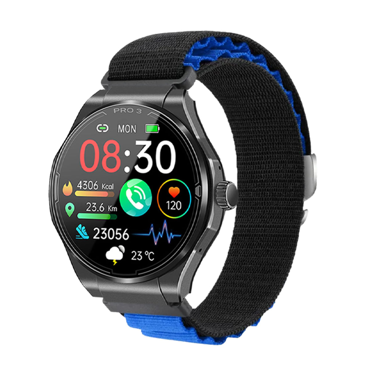 Knauermann Pro 3 (2024) Negro - Reloj Sanitario smartwatch con función telefónica - ECG + HRV y función SOS - Pantalla AMOLED BT Bluetooth - Apnea del sueño - Correa Textil Negra/Azul, 14-24,